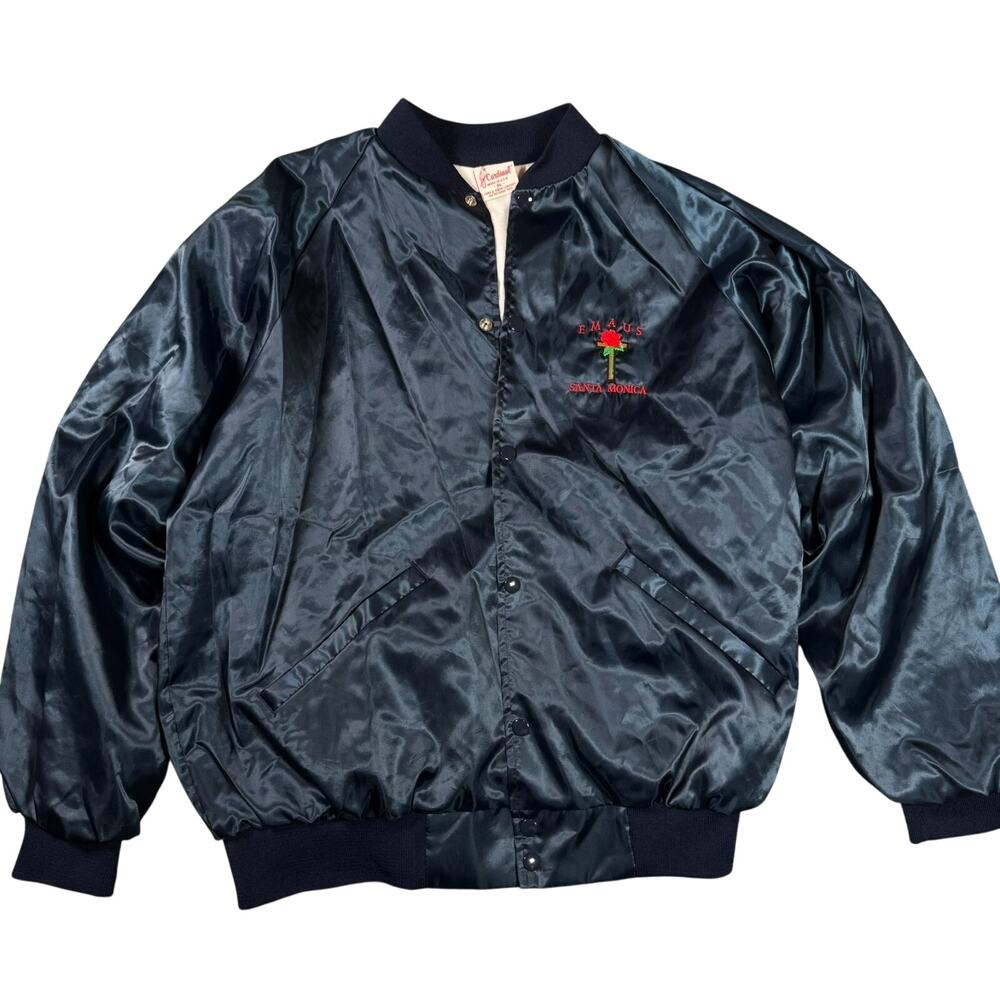 Vintage Cardinal Jacket Mens XL Navy Satin Bomber Snap Front Made in USA 90s